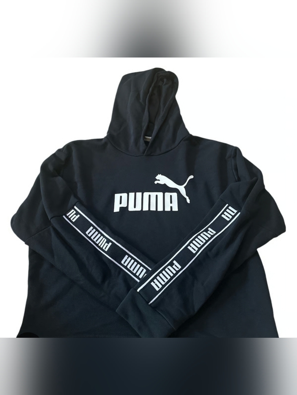 Puma Black Hoodie with White Logo and Sleeve Taping